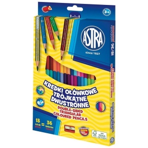 KREDKI OŁÓWKOWE TRÓJKĄTNE DWUSTR. 18=36 KOL. ASTRA