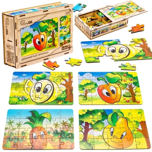 Puzzle drewniane 4w1 owoce, PuzzleOK