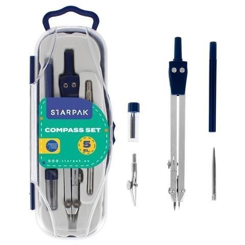 Cyrkiel metalowy + zestaw kreślarski 5el., STARPAK