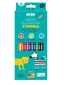 KREDKI OŁÓWKOWE Z GUMKĄ 12 KOLORÓW BEBE KIDS
