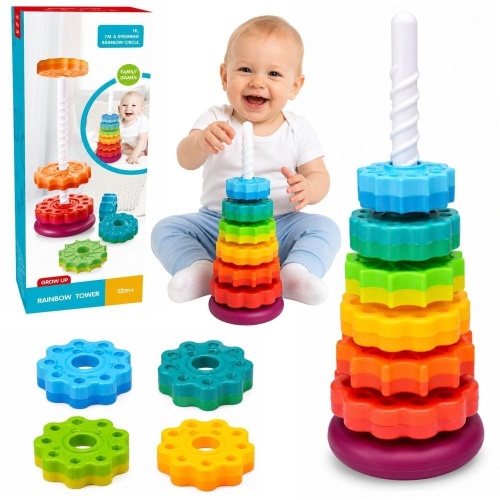 Piramida obrotowa wieża sorter tęczowa 36 cm 6 el