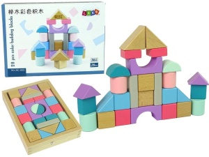 DREWNIANE KLOCKI PASTELOWE ZAMEK 28EL, LEANTOYS