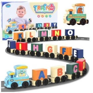 KLOCKI DREWNIANE LITERY POCIĄG 16EL, LEANTOYS